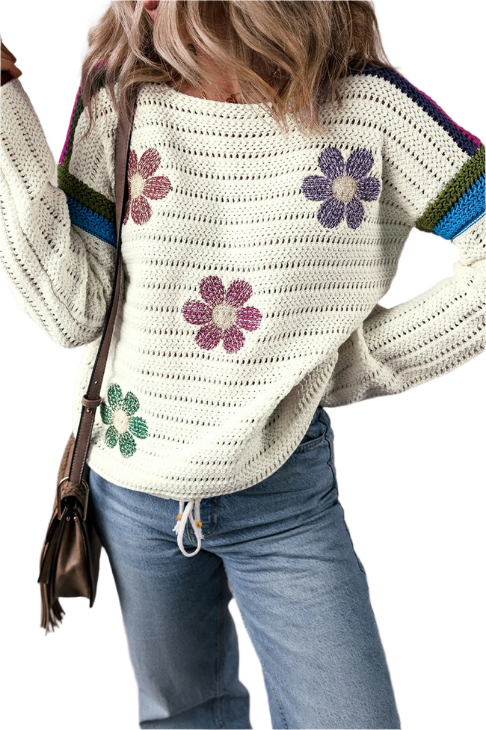 Flower Round Neck Long Sleeve Sweater