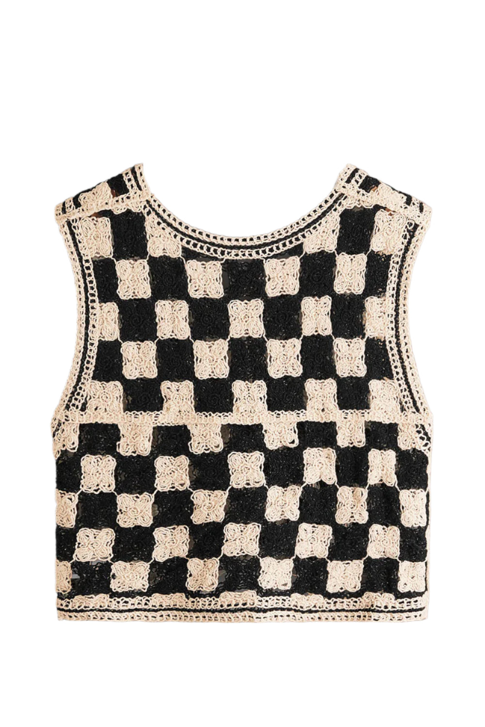 Crochet Checkered V-Neck Button Up Vest