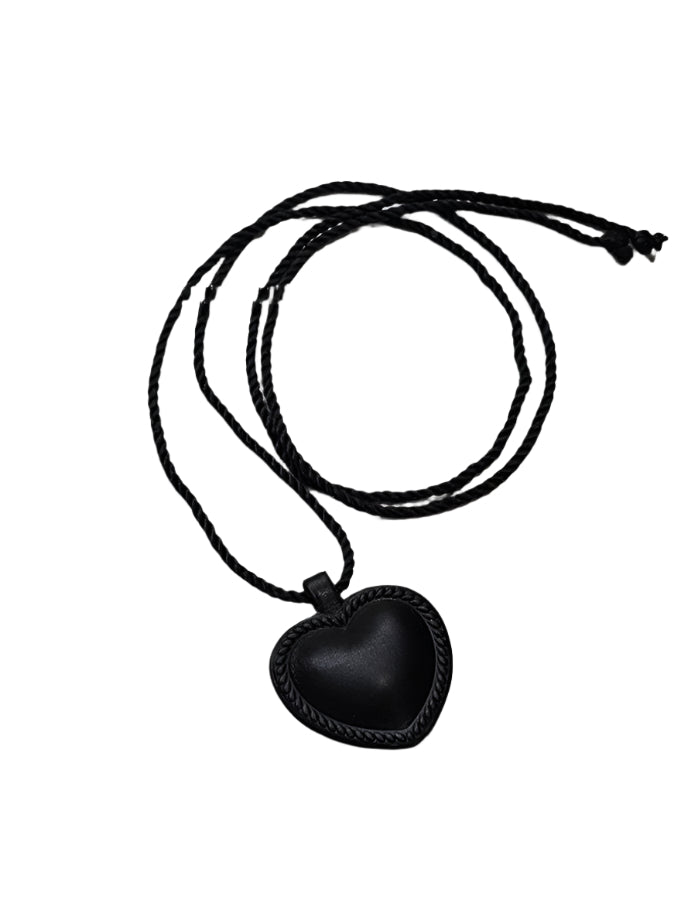 Cowhide Black Leather Heart Pendant Necklace