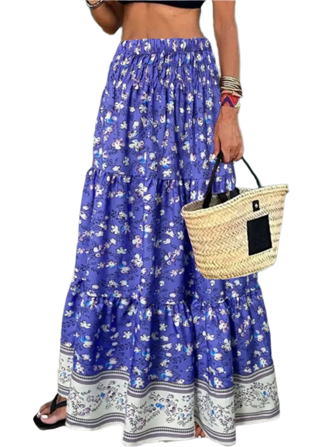 Full Size Tiered Printed Elastic Waist Skirt