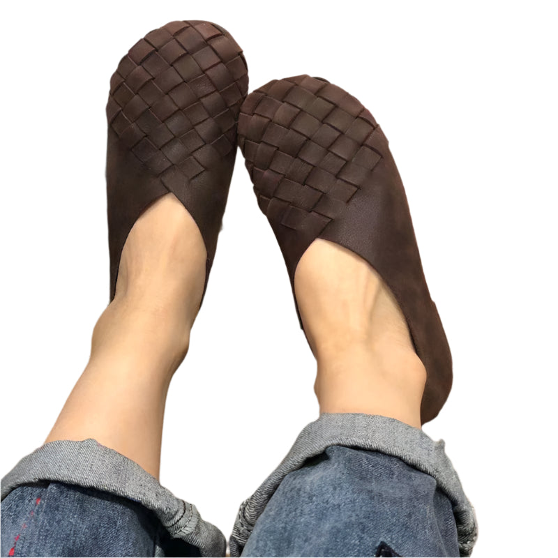 Round Toe Woven Cowhide Leather Flat Shoes