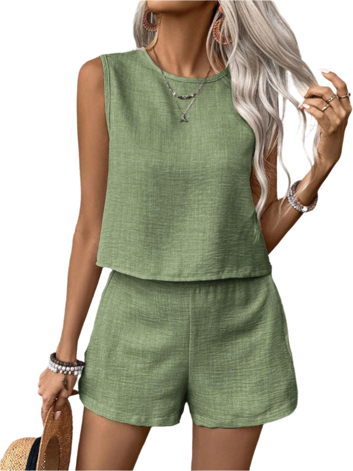 Round Neck Sleeveless Top and Shorts Set