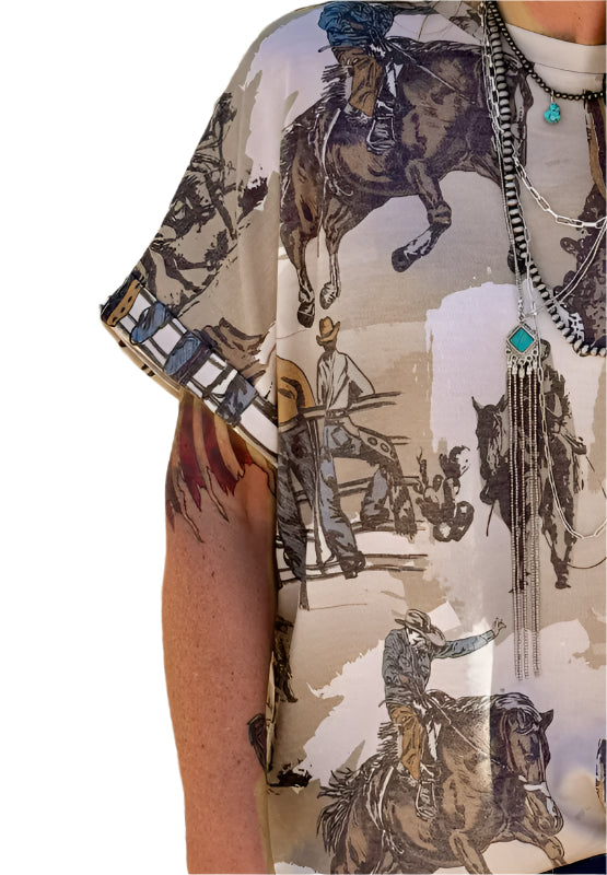 Cowboy Print Round Neck Short Sleeve T Shirt