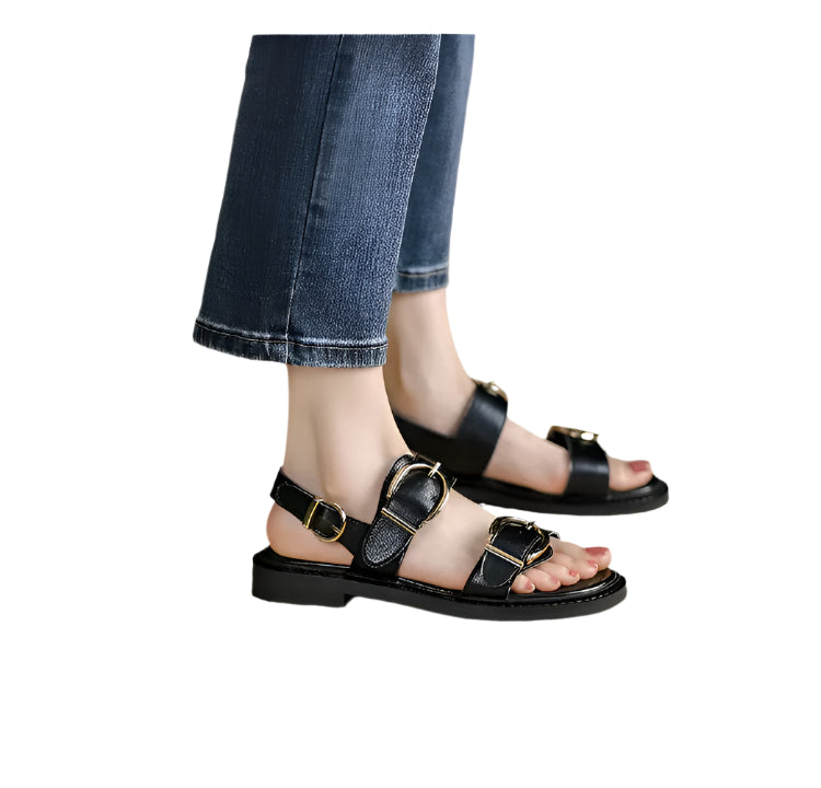 Big Buckle Ankle-Strap Cowhide Leather Sandals