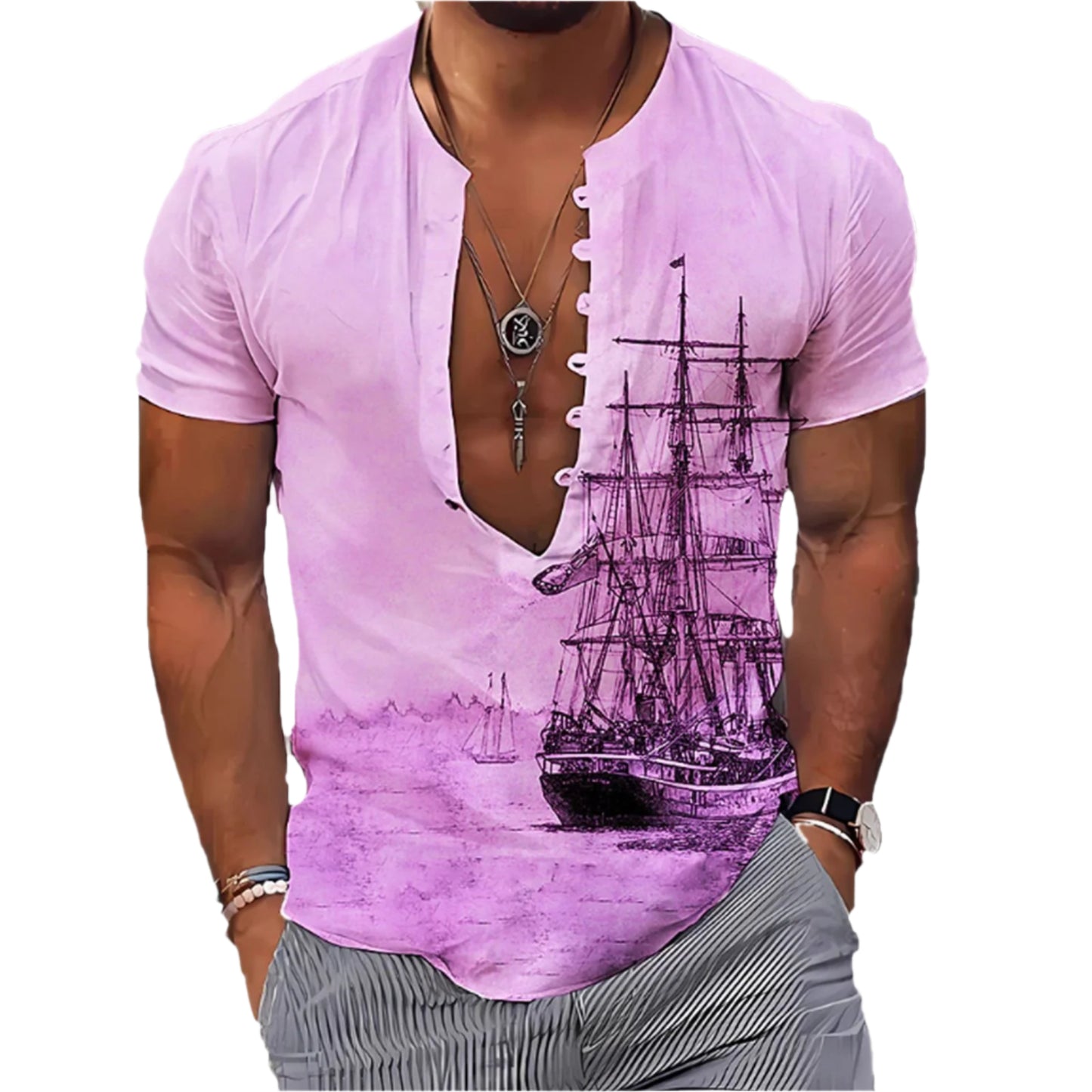 Men's 3D Vintage Print Long Ship Collard Long Sleeve Button Down Shirt