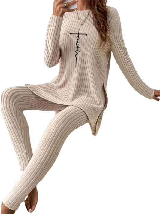 Side Slit Round Neck Long Sleeve Top and Pants Set