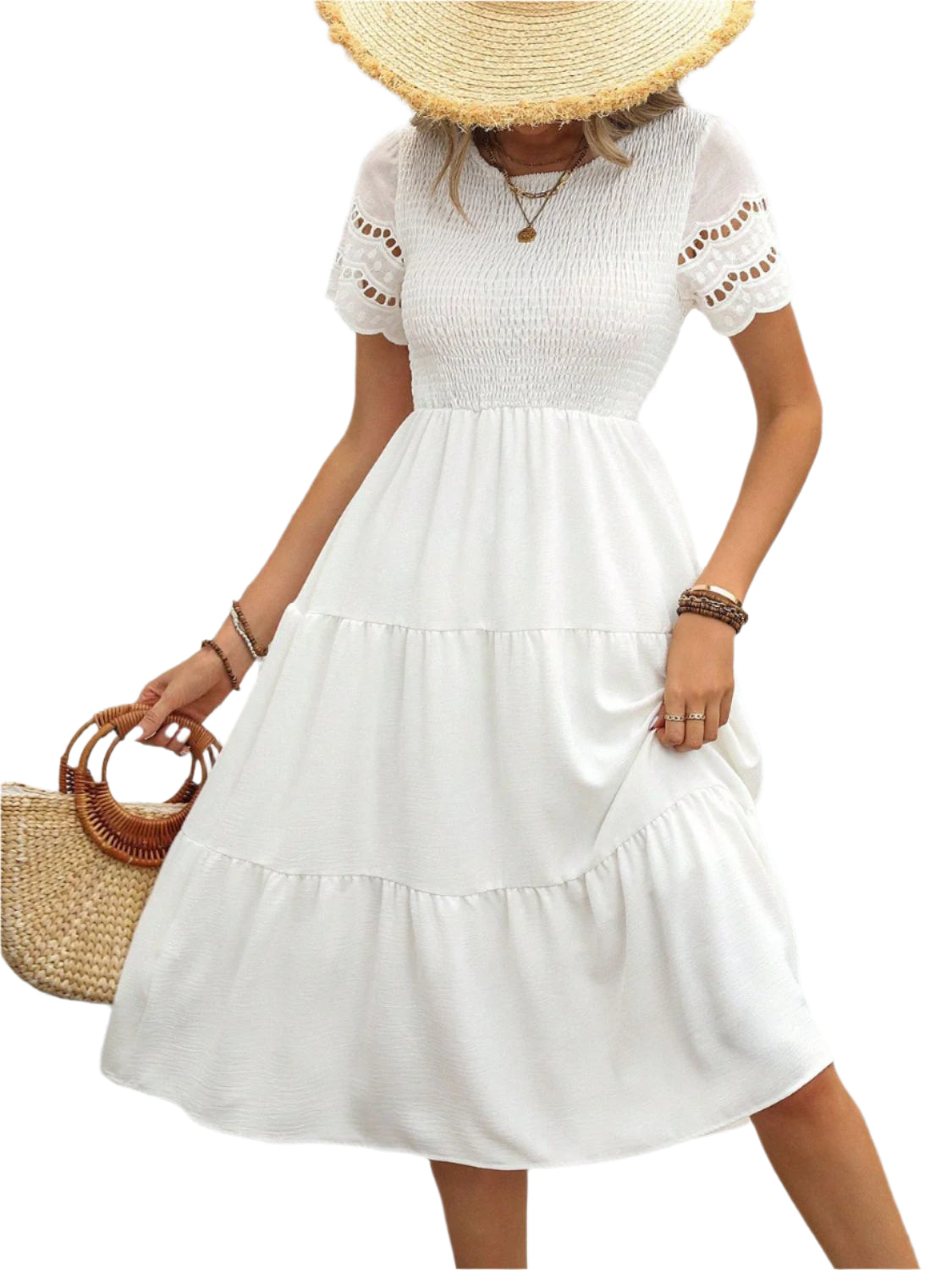 Smocked Round Neck Short Sleeve Dress