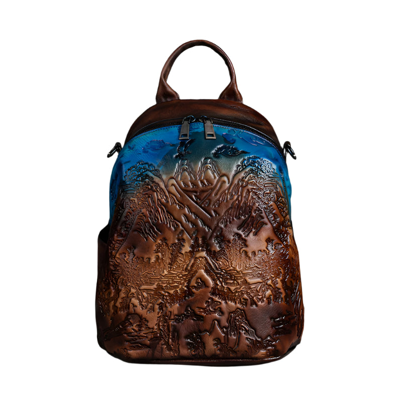 Nature Scenery Embossed Vegetable Tanned Cowhide Leather Backpack