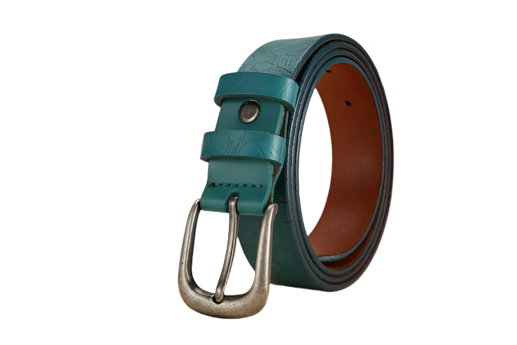 Floral Design Embossed Cowhide Leather Belt
