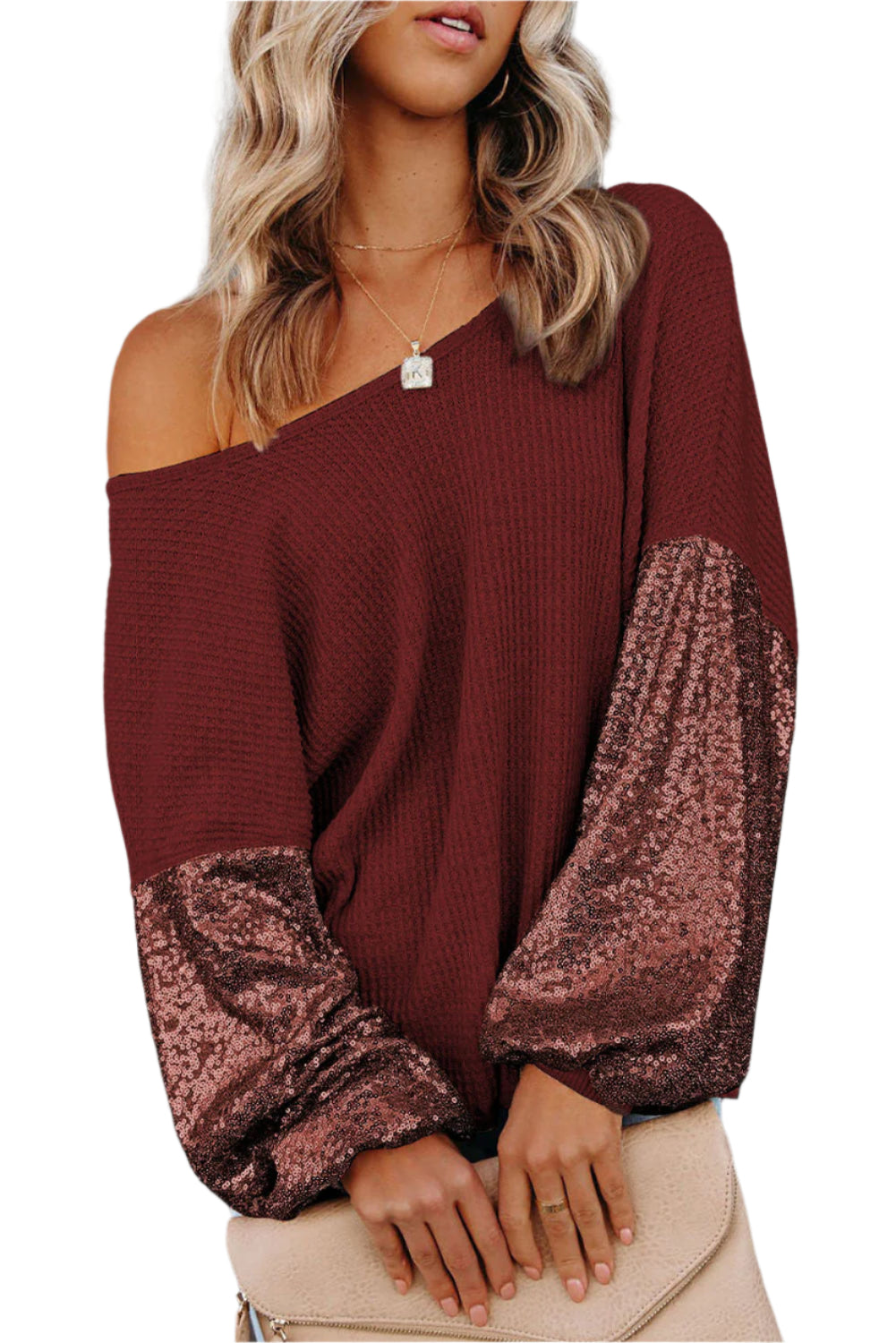Sequin Waffle-Knit Blouse