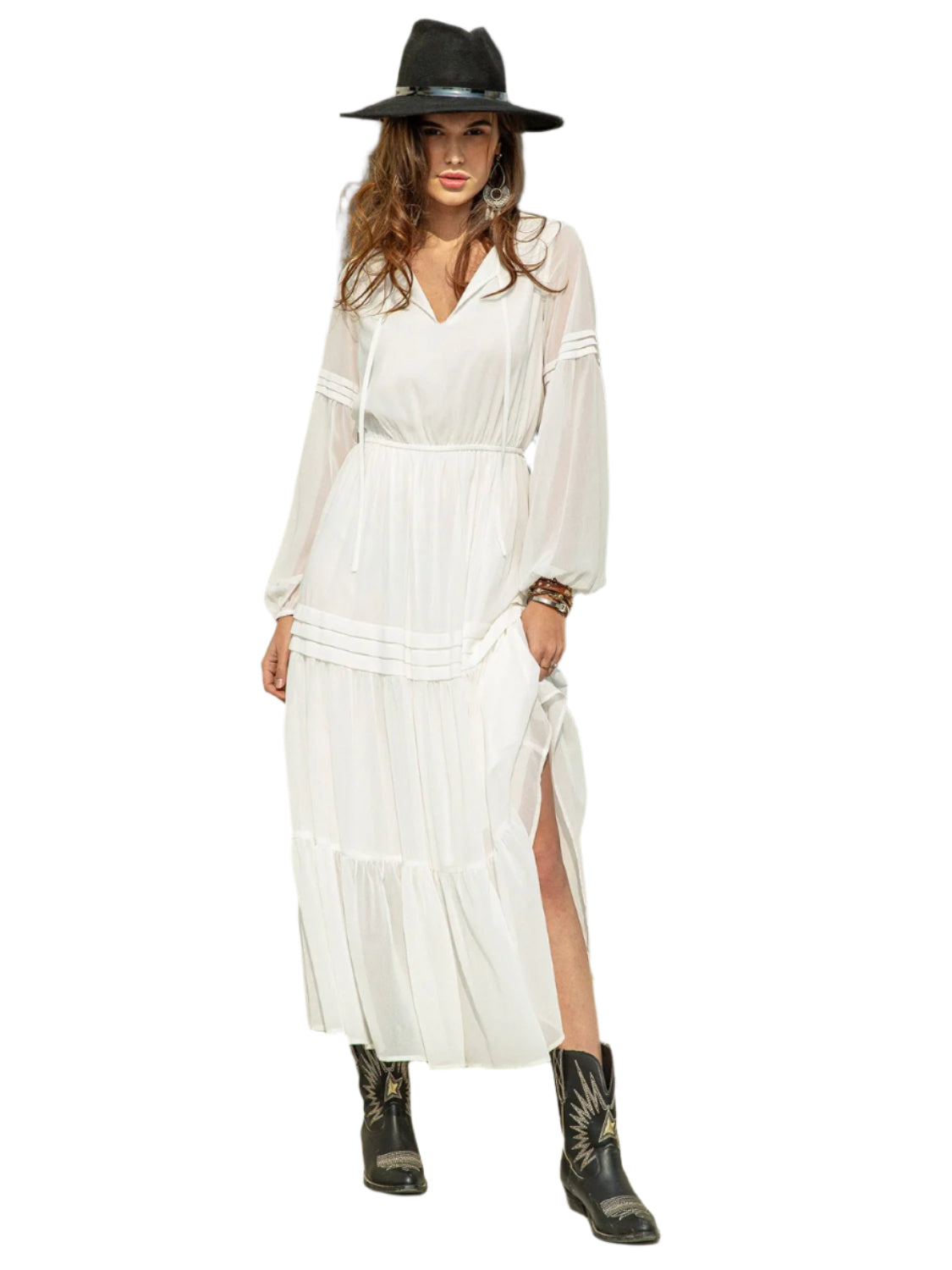 Tie Neck Long Sleeve Midi Tiered Dress