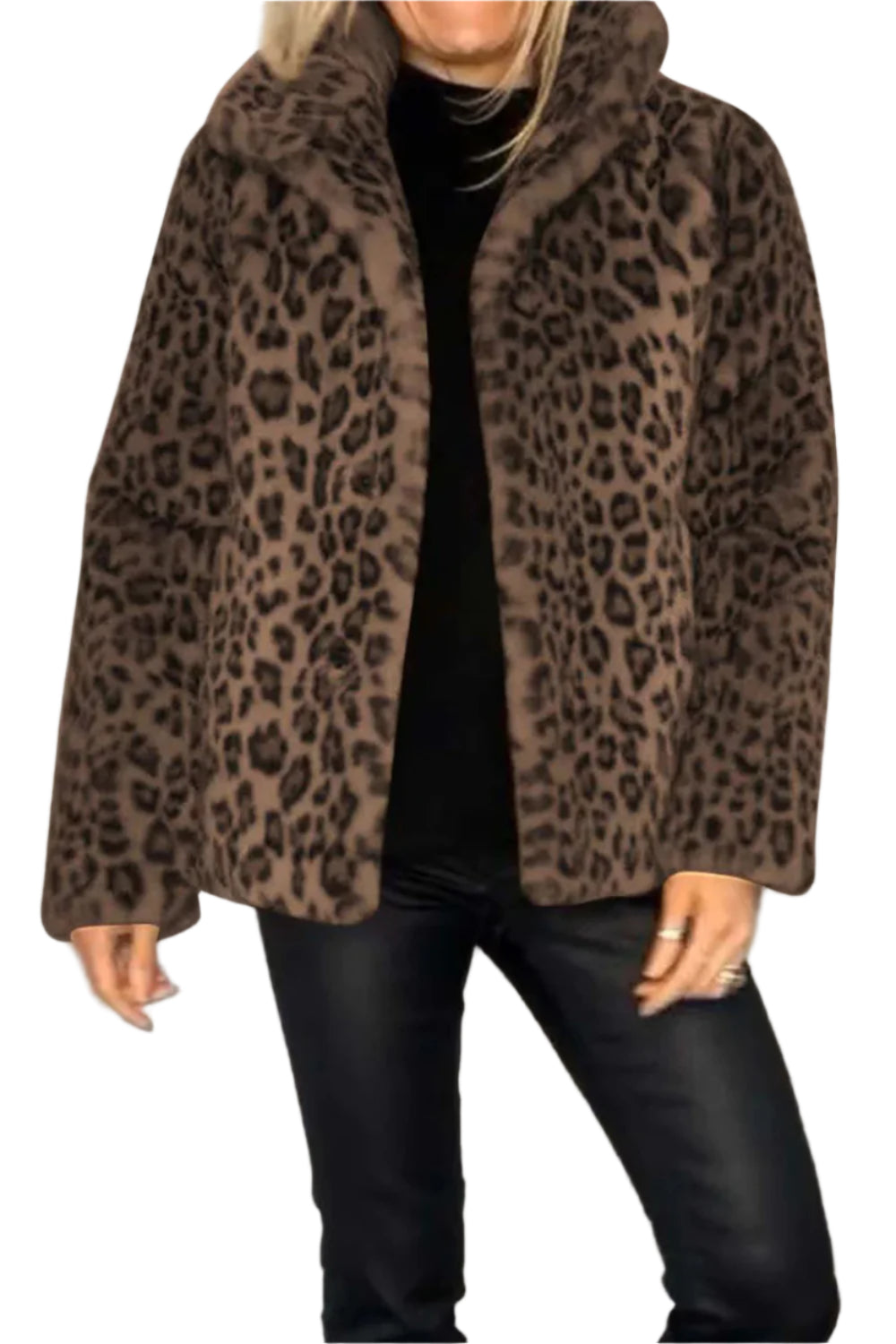 Full Size Leopard Furry Collared Neck Long Sleeve Coat