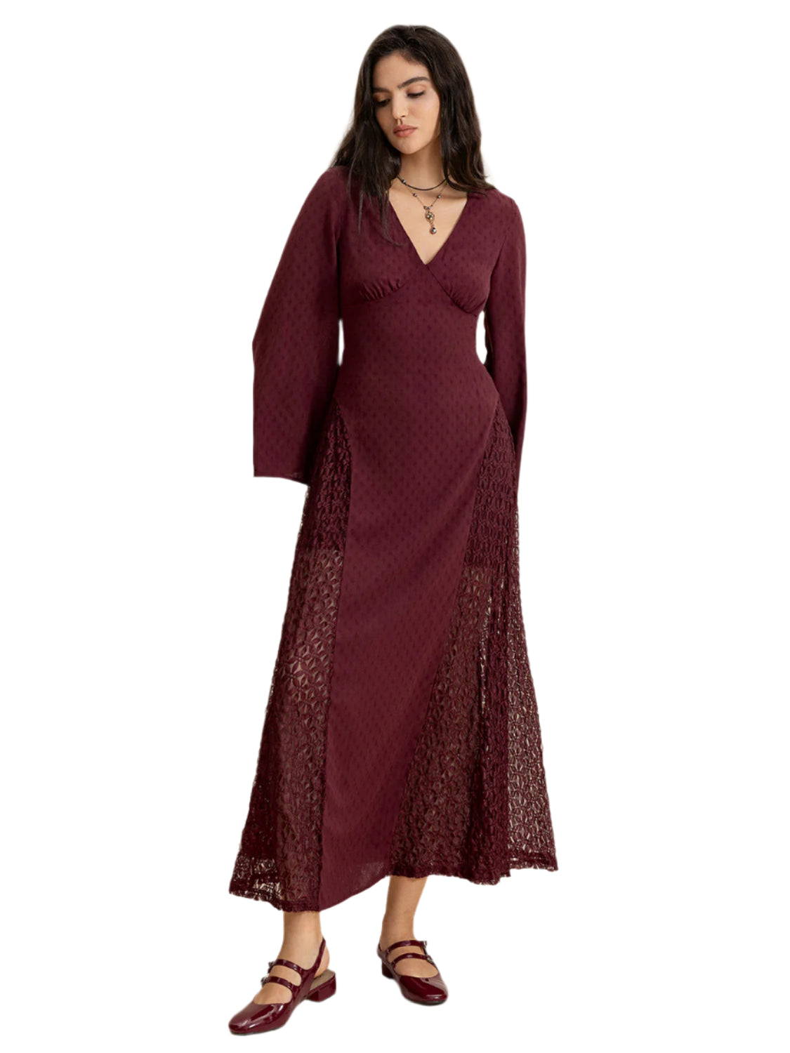 Lace Patchwork V-Neck Long Sleeve Midi Dress