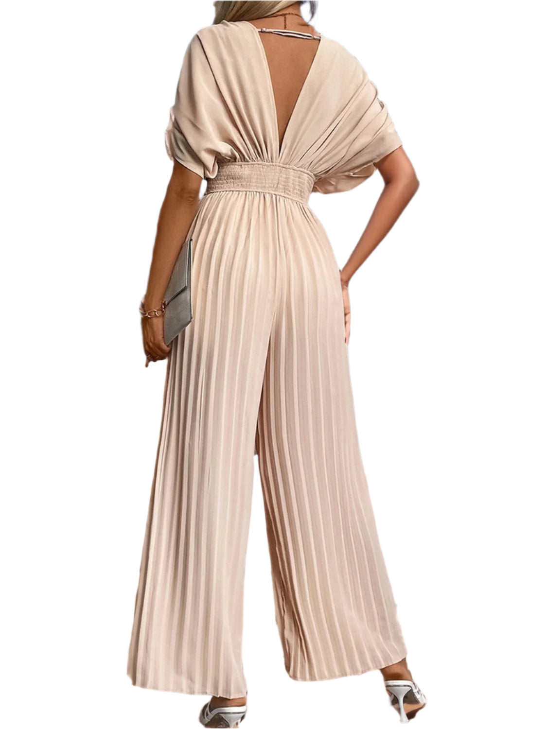 Perfee Pleated Short Sleeve Wide Leg Jumpsuit