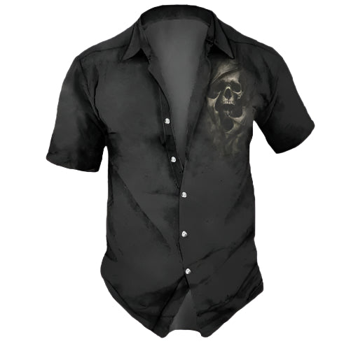 Men's Short Sleeve Skull Motif Collared Button Down Shirt