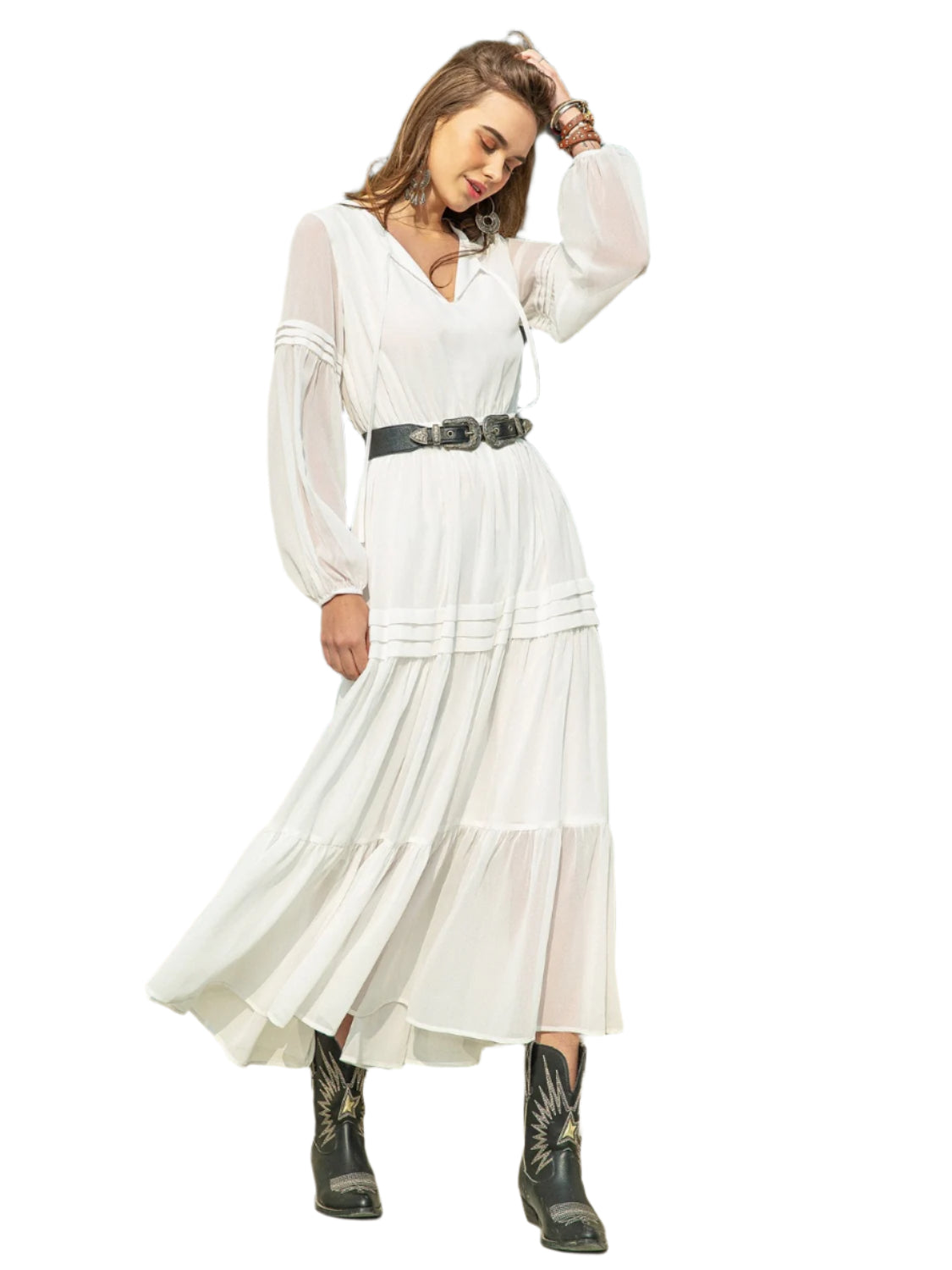 Tie Neck Long Sleeve Midi Tiered Dress