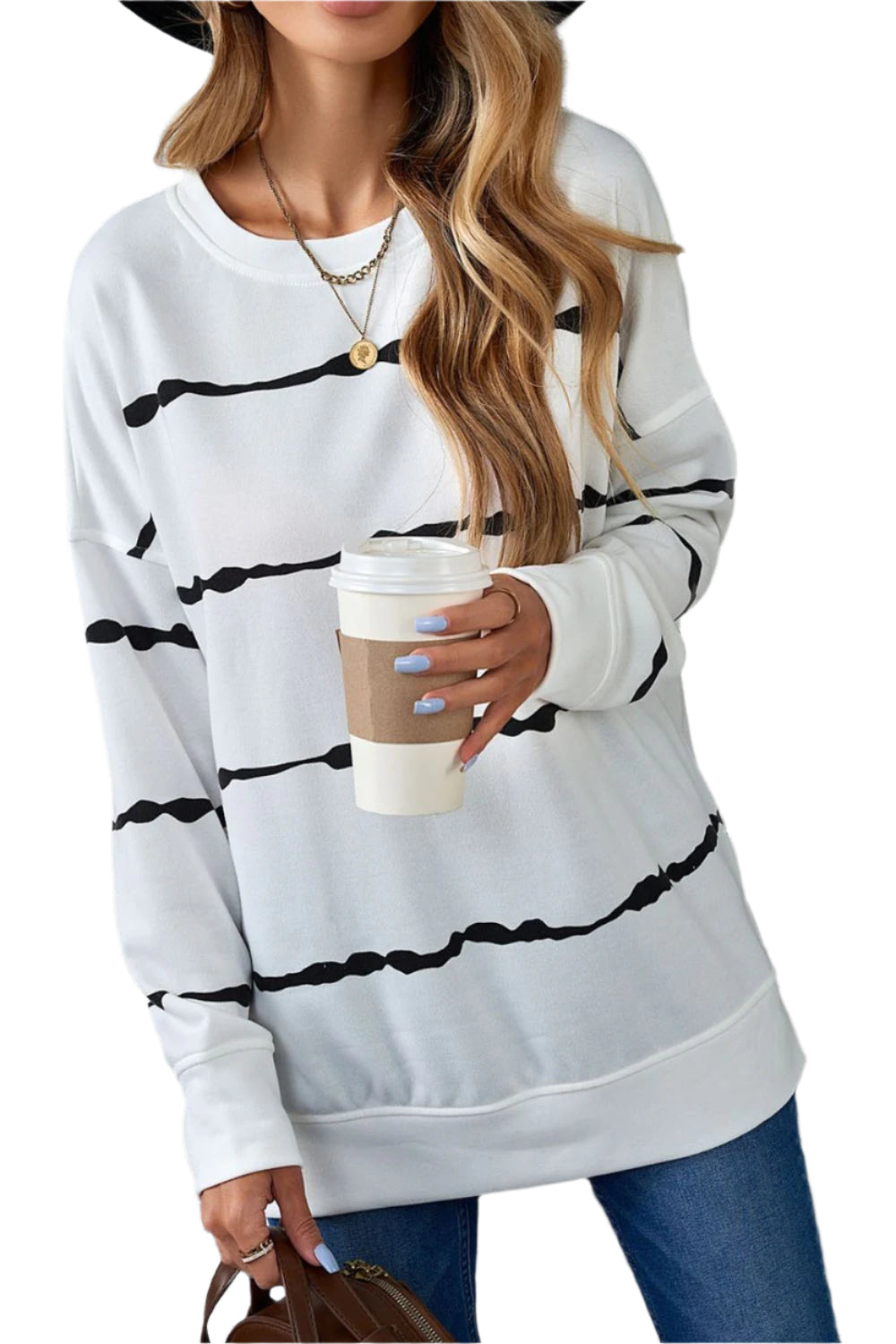 Slit Contrast Striped Round Neck Long Sleeve T-Shirt