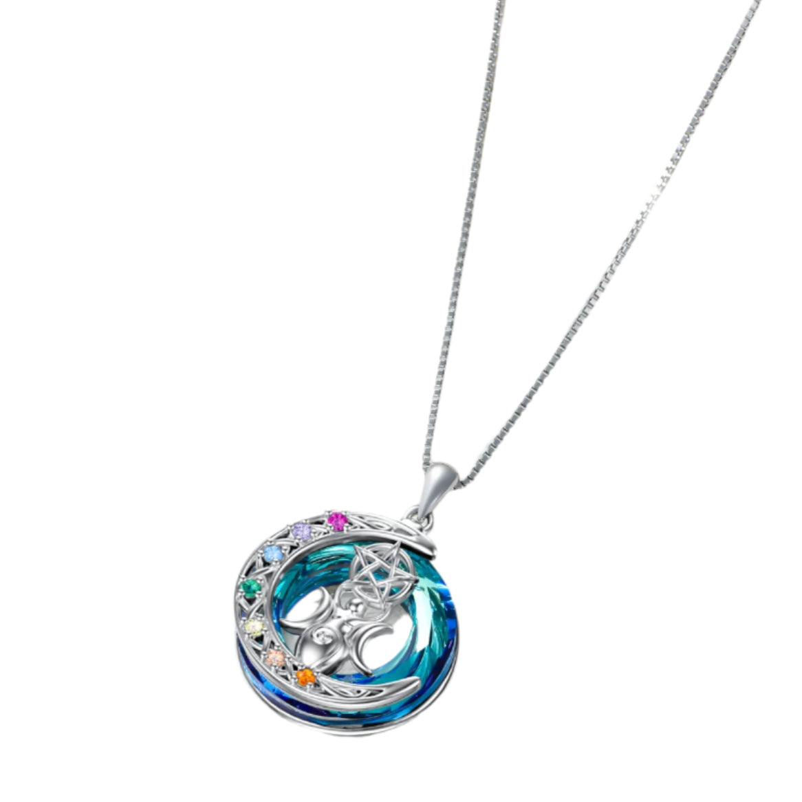 925 Sterling Silver Triple Moon Goddess Australian Crystal and Zircon Chakras Necklace