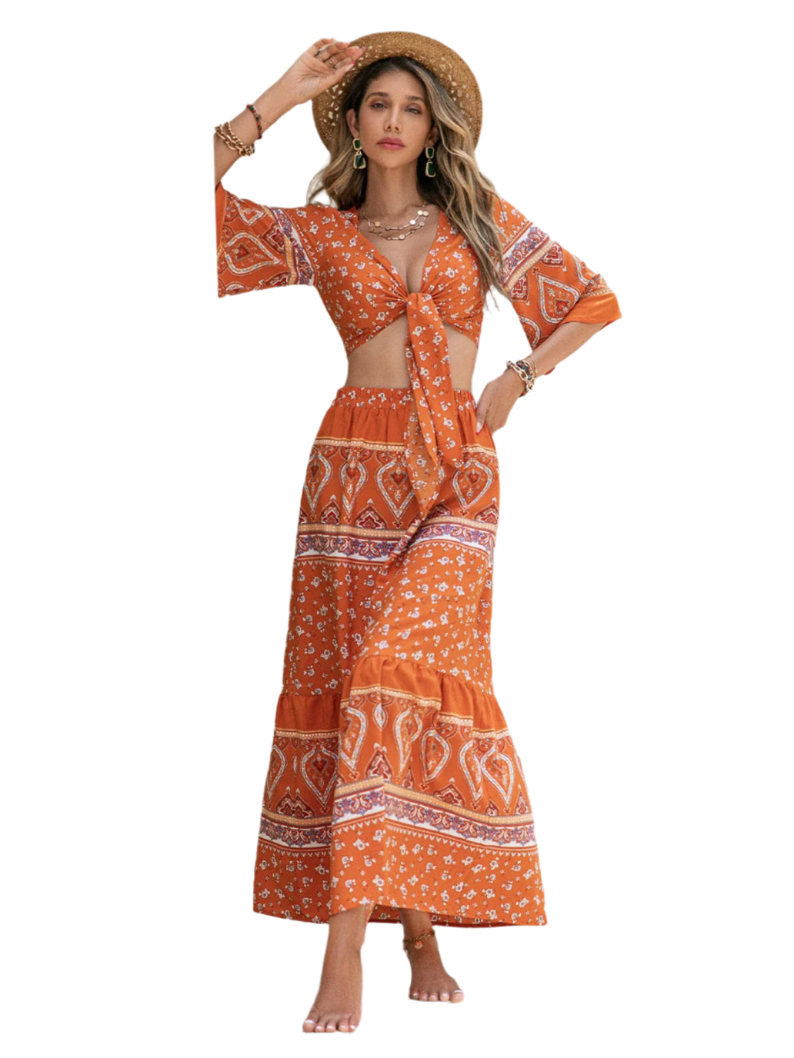 Printed Plunge Half Sleeve Top and Skirt Set