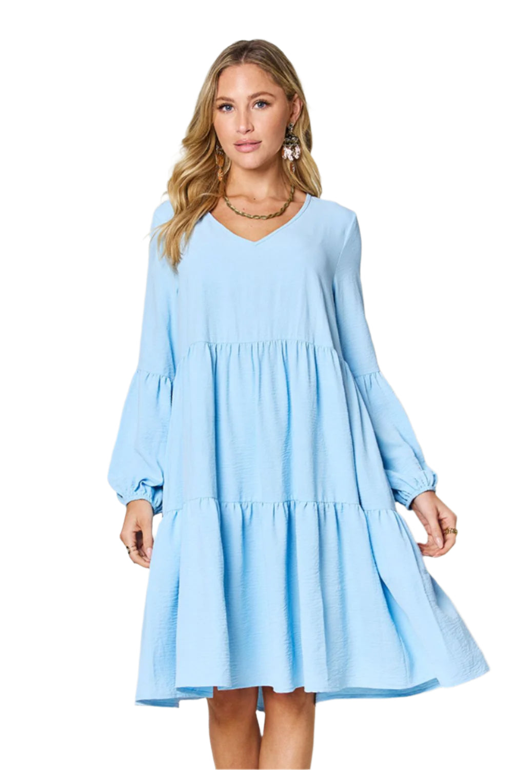 Double Take Full Size V-Neck Balloon Sleeve Tiered Dress with Pockets