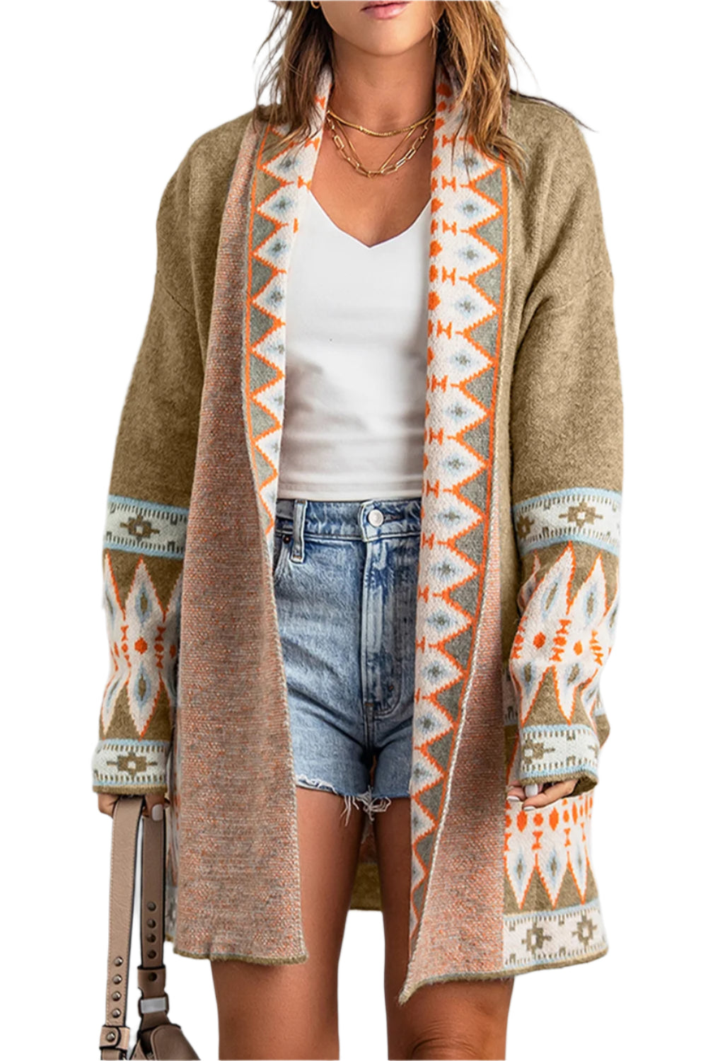 Geometric Open Front Long Sleeve Cardigan