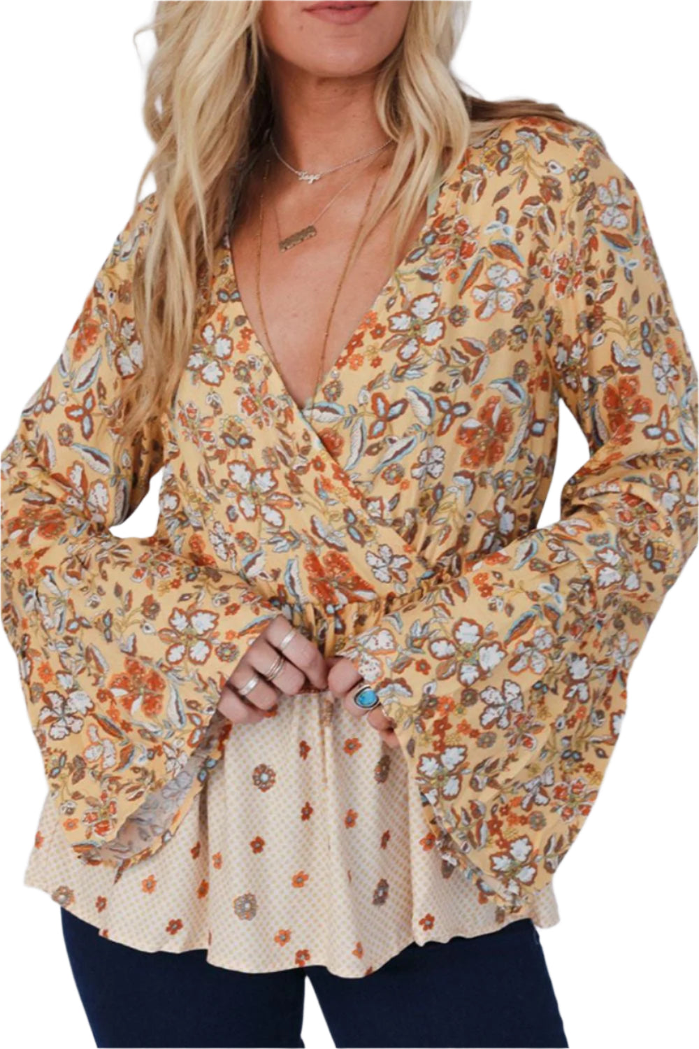 Peplum Printed Surplice Flare Sleeve Blouse