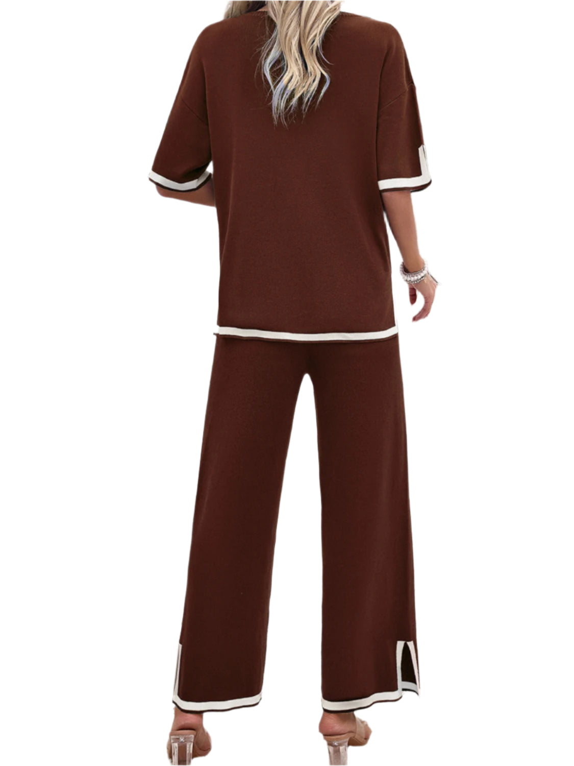 Devine Contrast Trim Round Neck Top and Pants Set