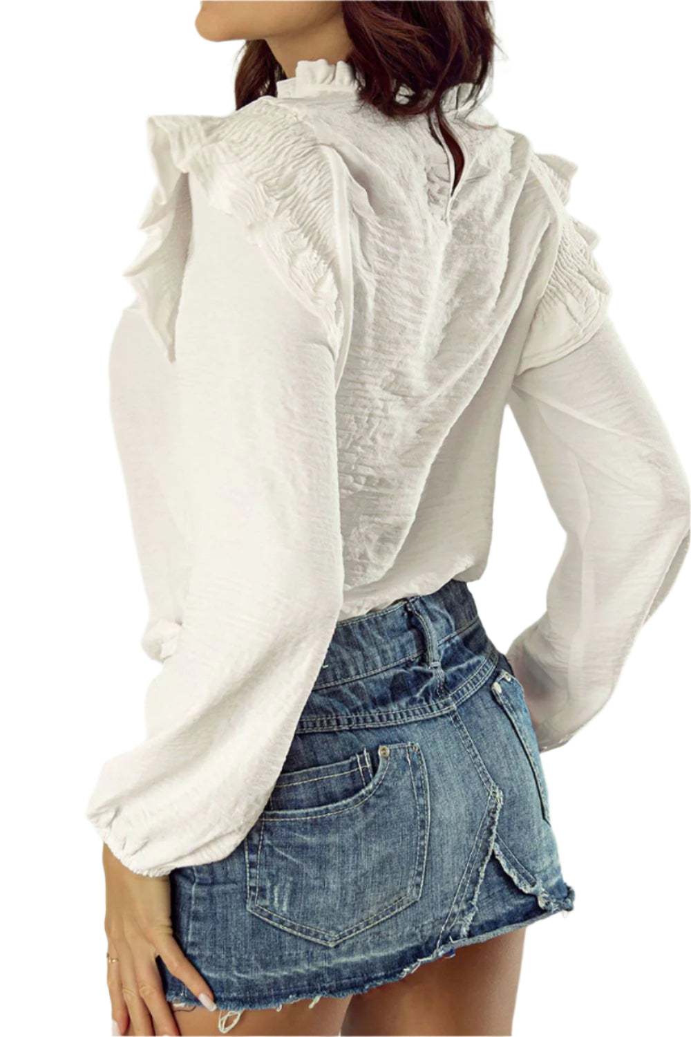 Frill Mock Neck Ruffled Balloon Sleeve Blouse
