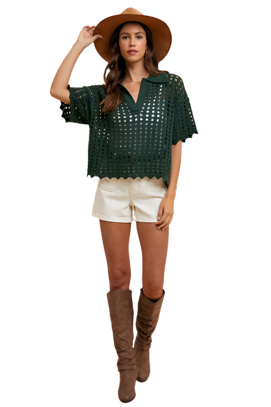 Annie Wear Openwork Johnny Collar Knit Cover Up