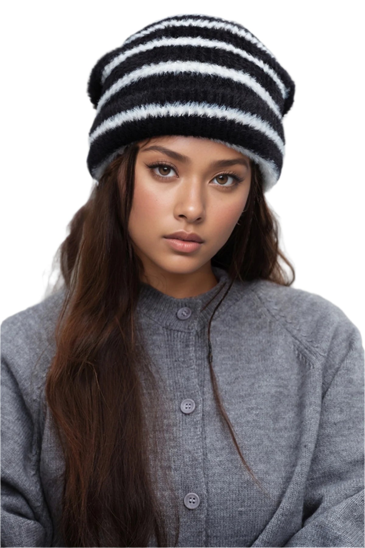 Fuzzy Contrast Striped Thermal Hat