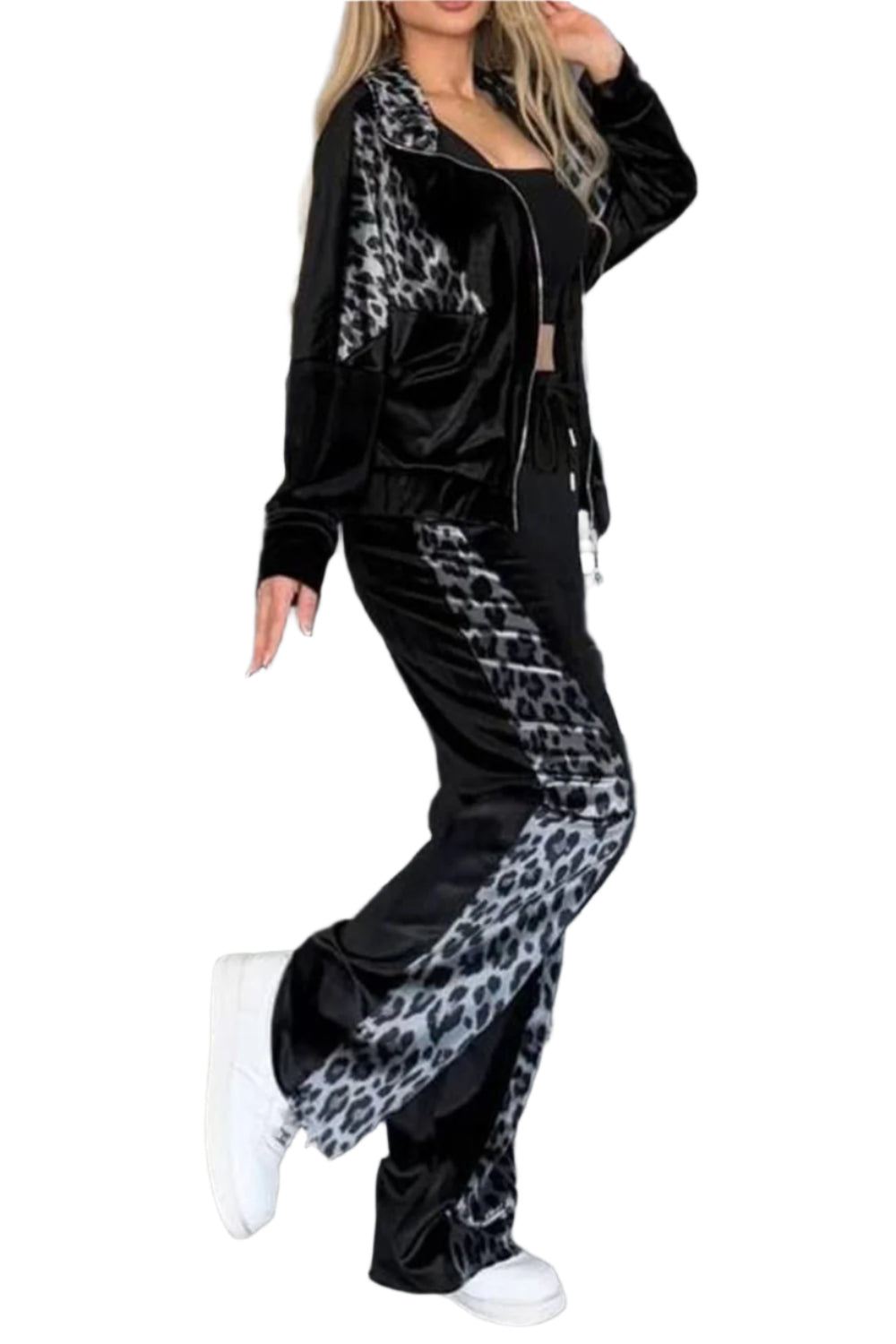 Full Size Collared Neck Leopard Zip Up Top and Pants Set Plus Size