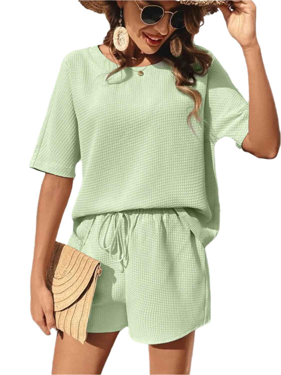 Waffle-Knit Half Sleeve Top and Shorts Set
