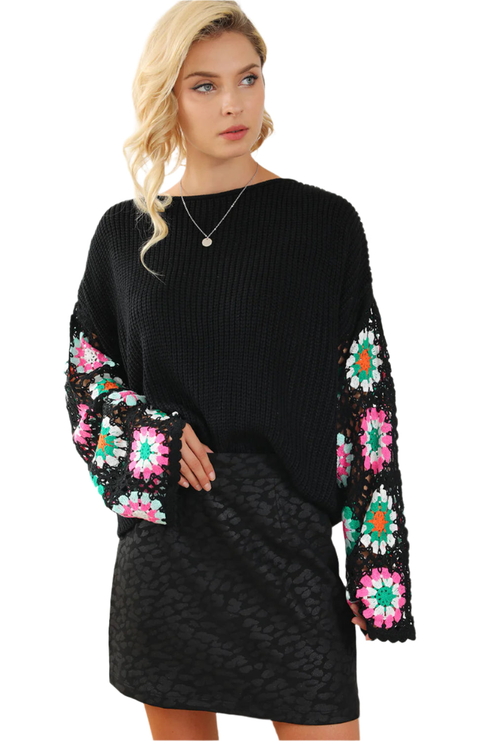 Crochet Round Neck Long Sleeve Knit Top