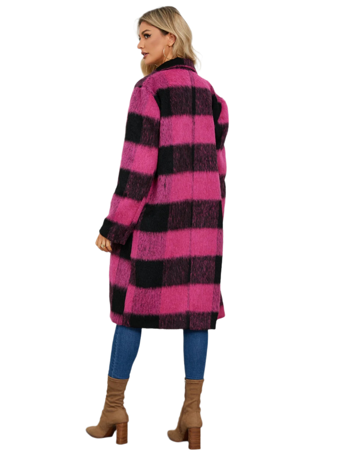 Plaid Double-Breasted Long Sleeve Coat