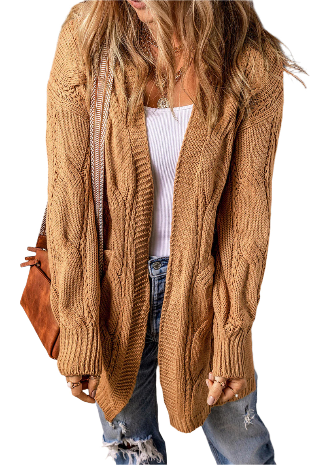Cable-Knit Dropped Shoulder Slit Cardigan