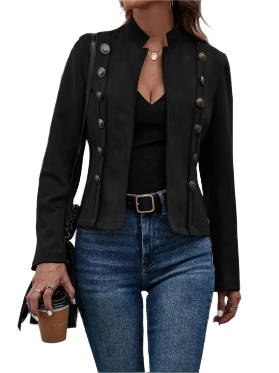 Decorative Button Open Front Long Sleeve Jacket