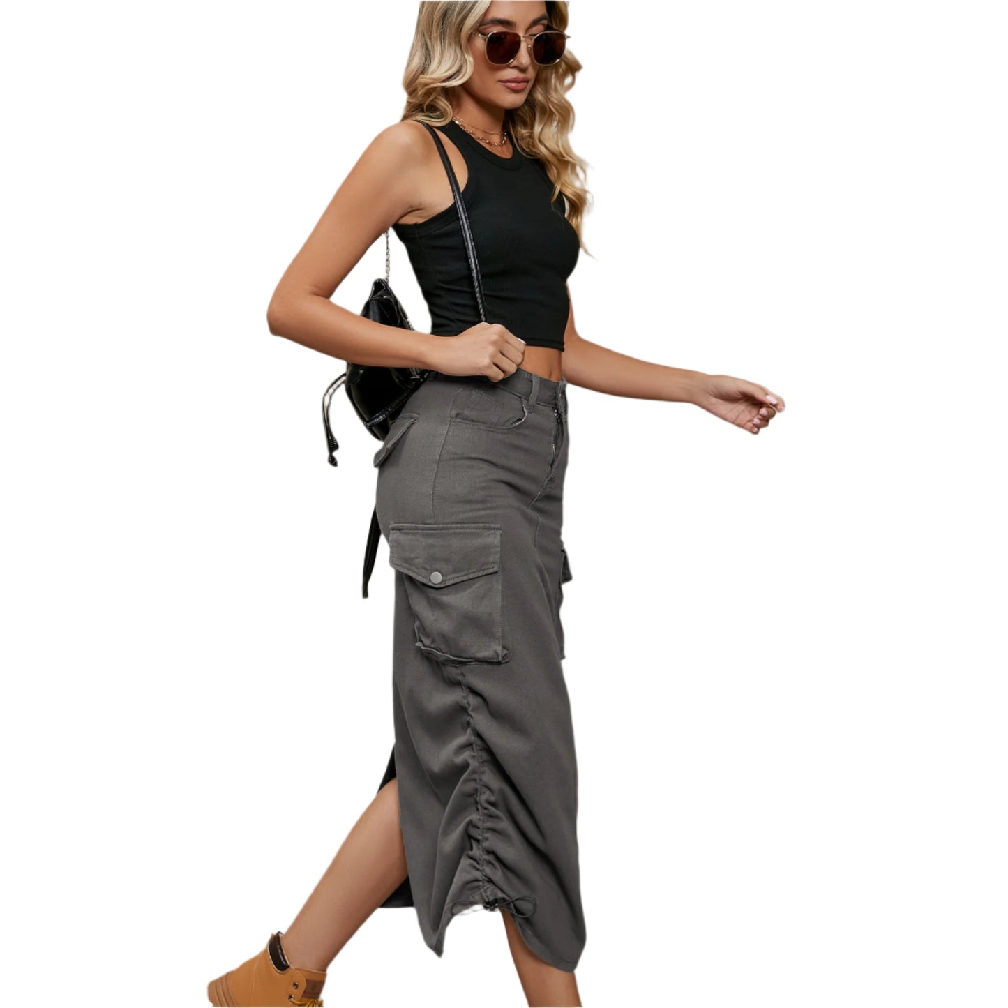 Drawstring Ruched Slit Denim Midi Skirt