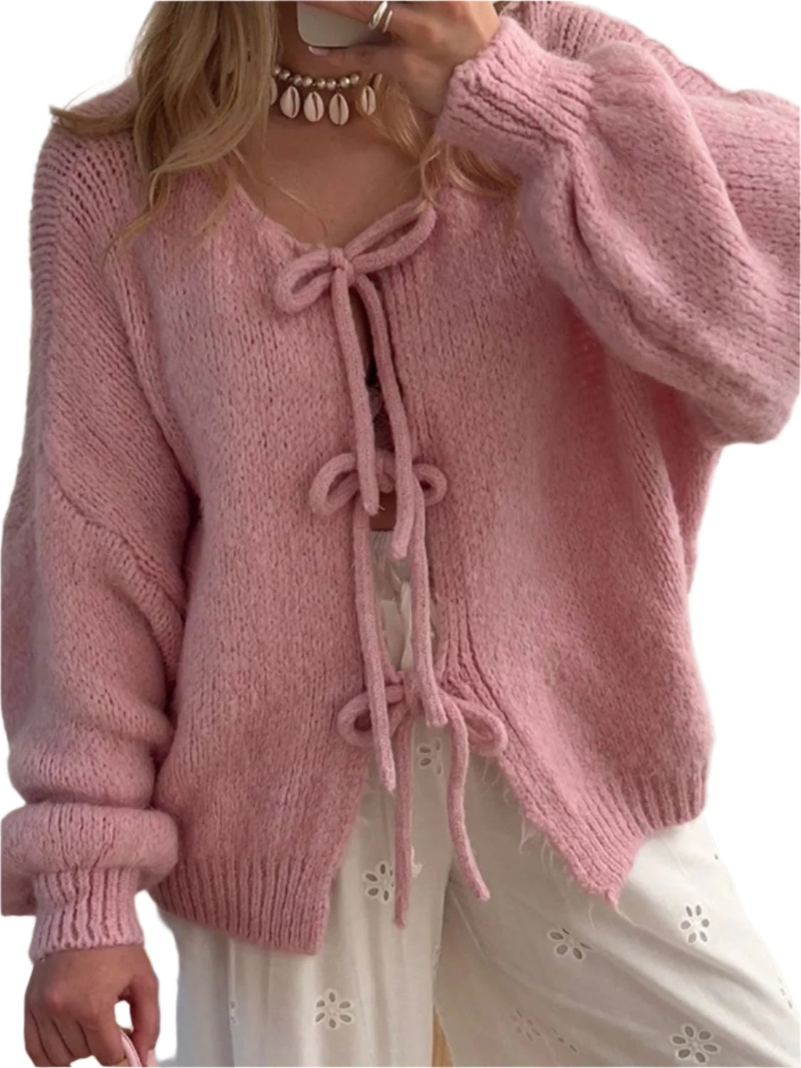 Tied Long Sleeve Dropped Shoulder Cardigan