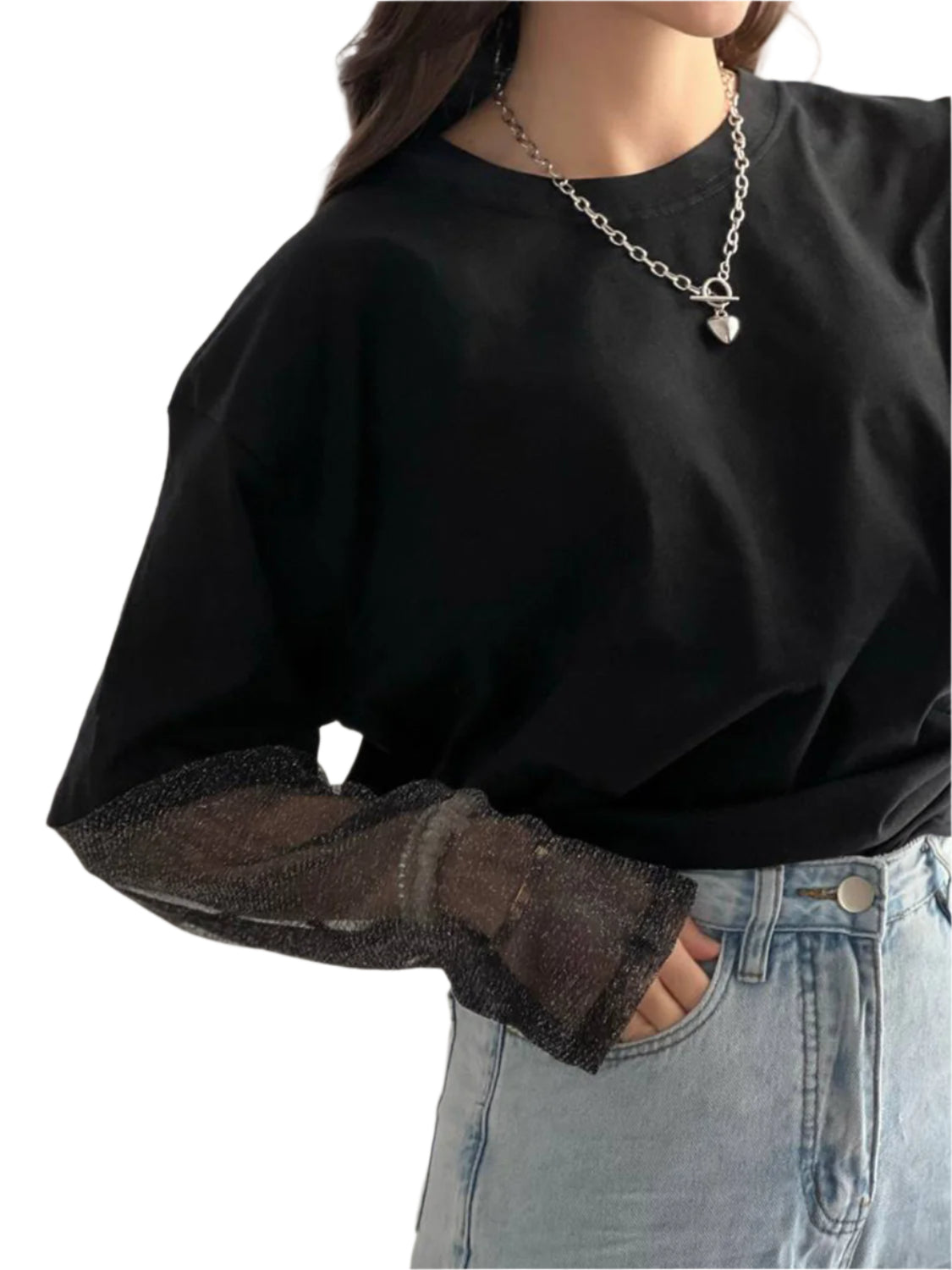 Faux Layered Round Neck Mesh Sleeve Top