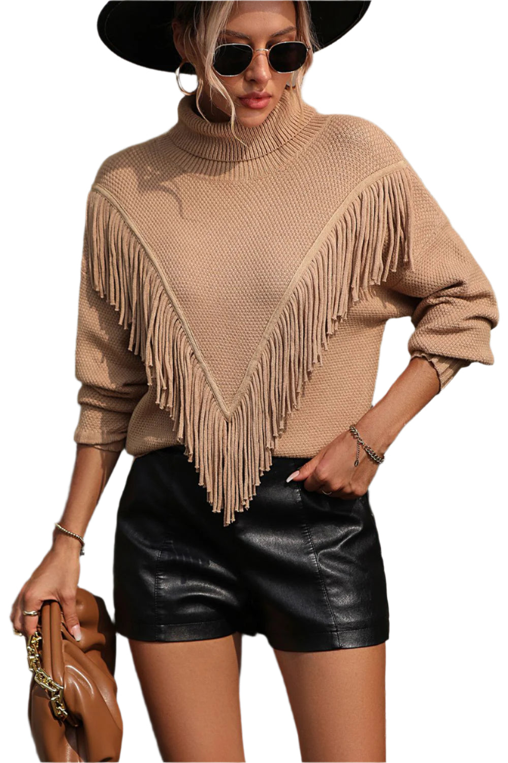 Turtle Neck Tassel Front Long Sleeve Pullover Sweater