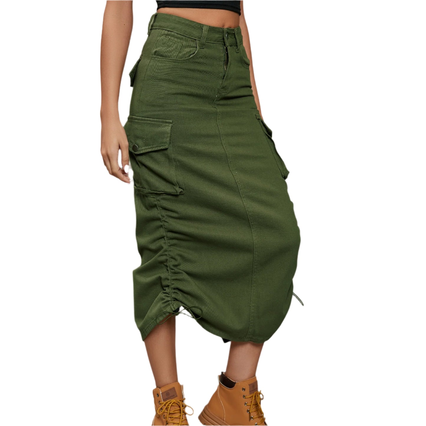 Drawstring Ruched Slit Denim Midi Skirt