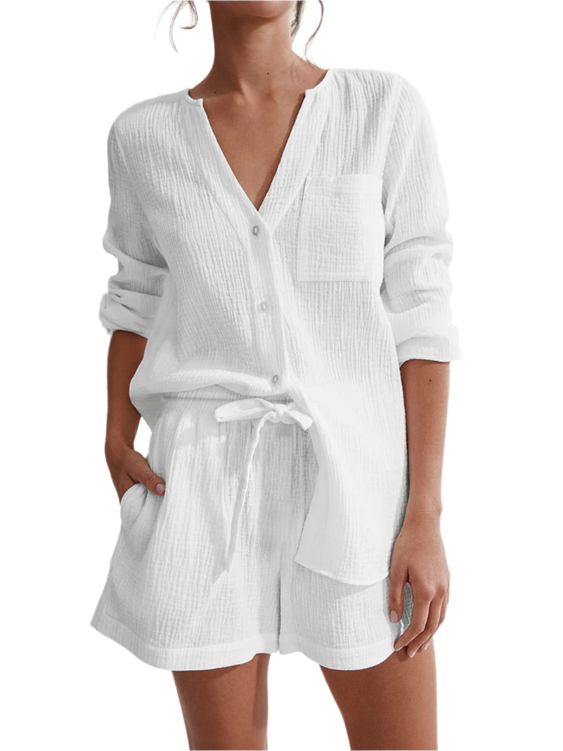 Notched Long Sleeve Top and Shorts Set