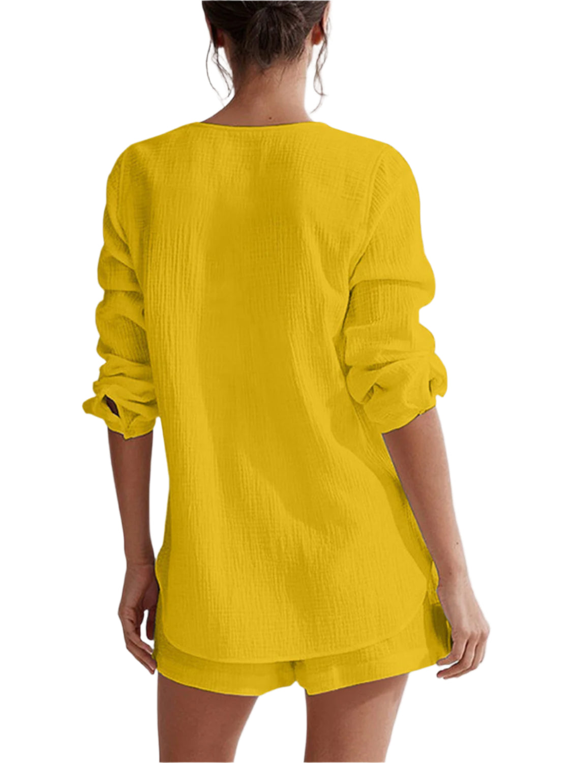 Notched Long Sleeve Top and Shorts Set