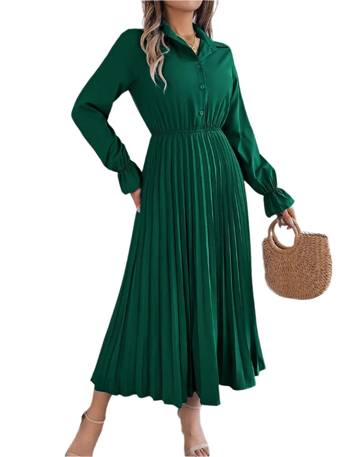 Pleated Half Button Long Sleeve Midi Dress