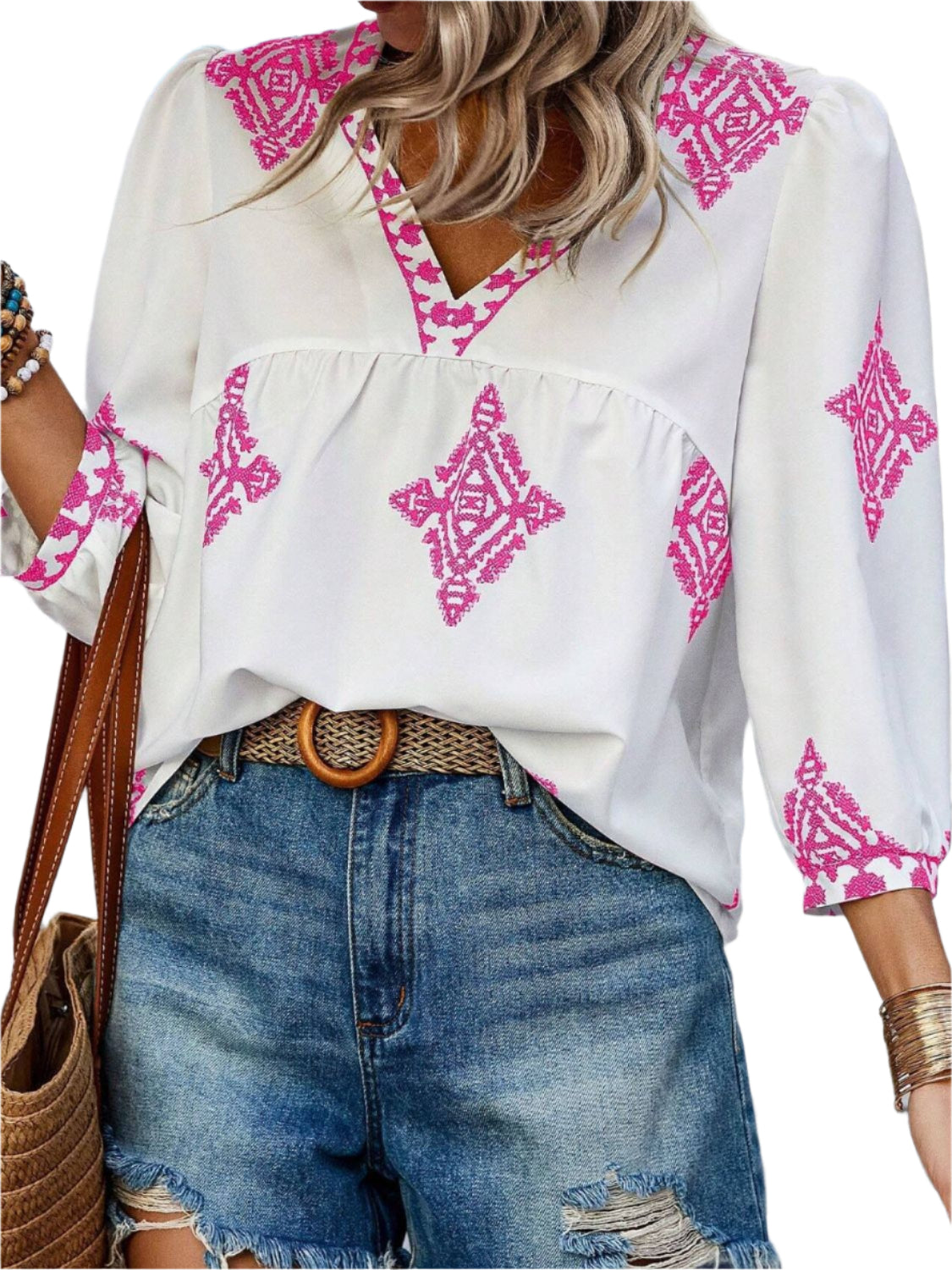 Printed V-Neck Three-Quarter Sleeve Blouse