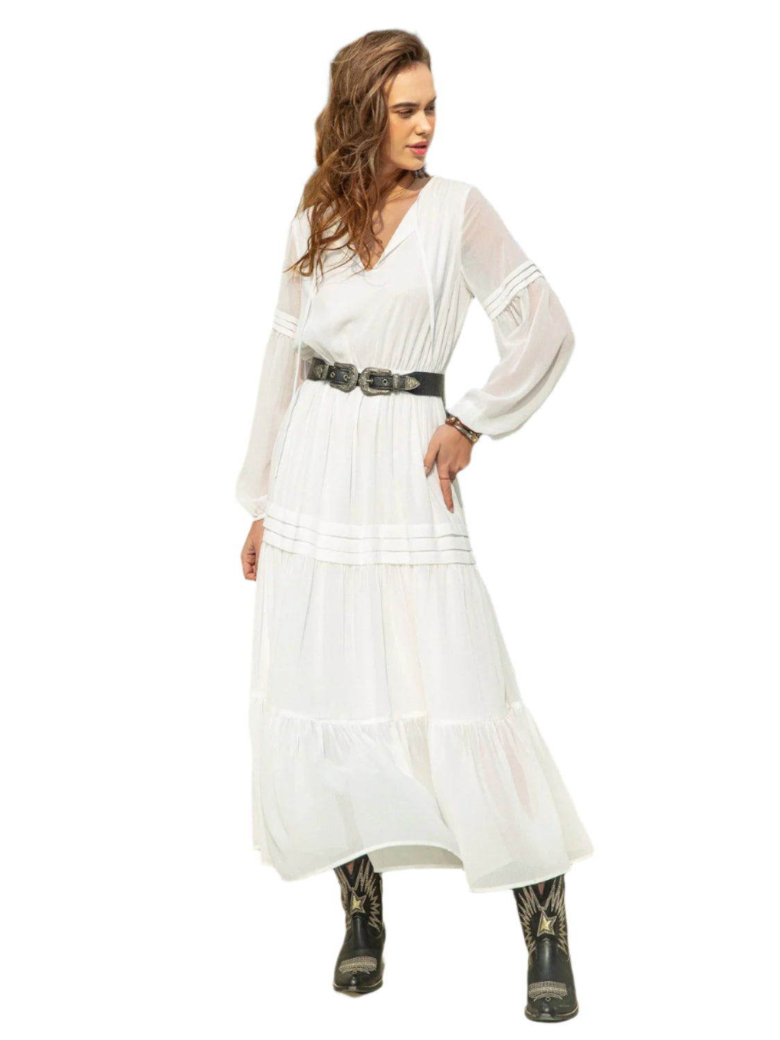 Tie Neck Long Sleeve Midi Tiered Dress