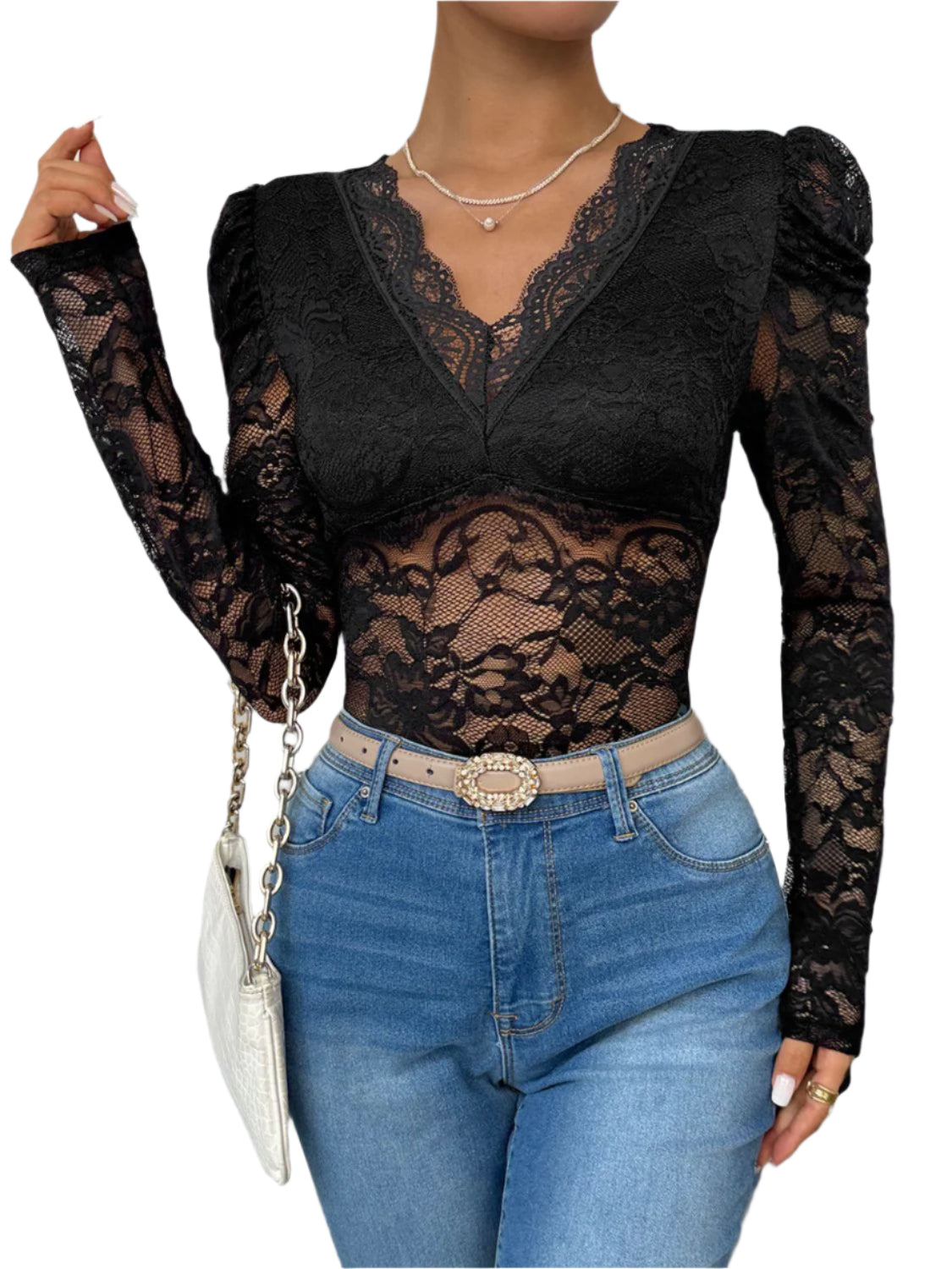 Perfee Lace V-Neck Long Sleeve Bodysuit