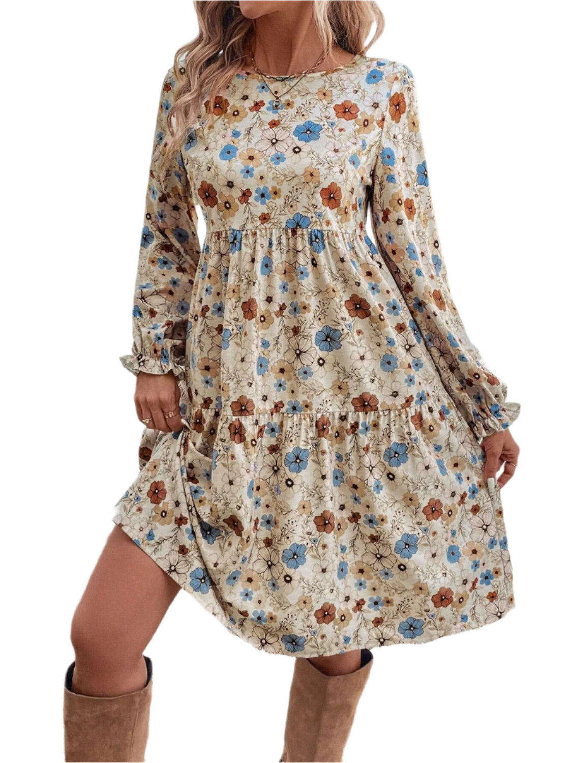 Tiered Floral Round Neck Long Sleeve Dress