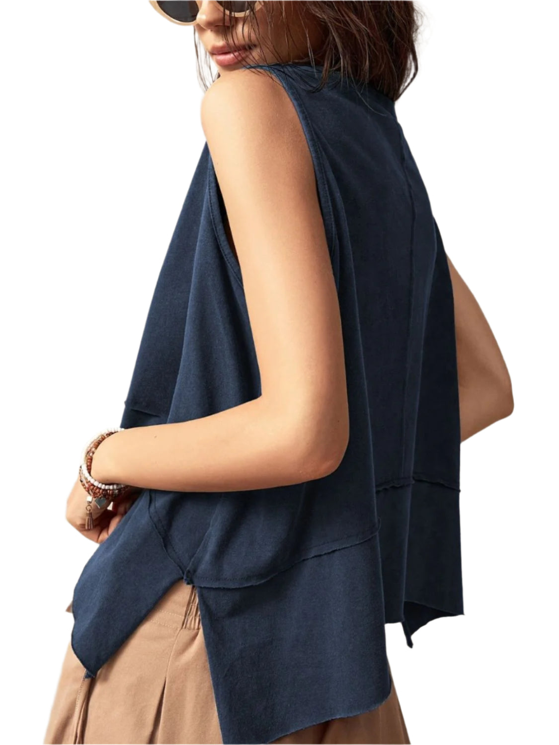 Exposed Seam Side Slit Round Neck Tank