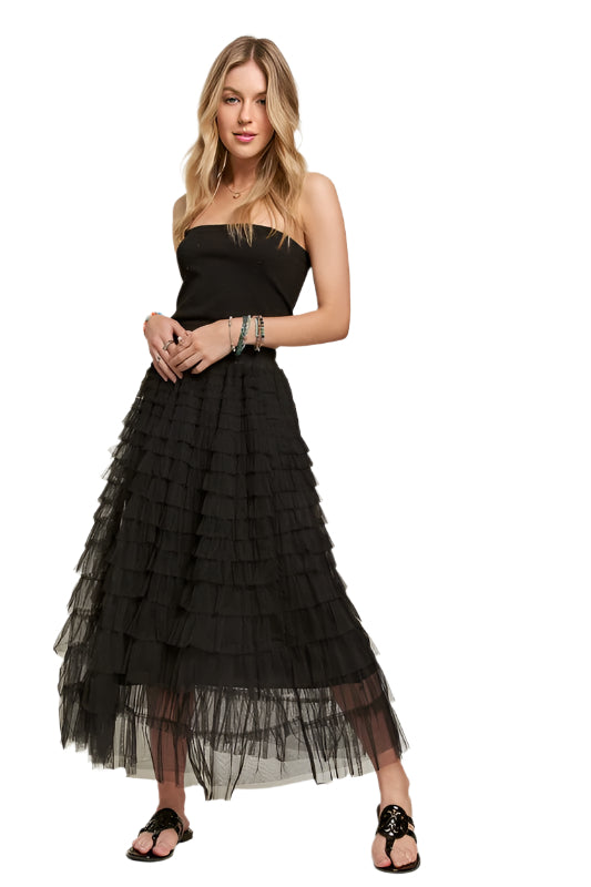 ADORA Elastic Waist Layered Mesh Midi Skirt
